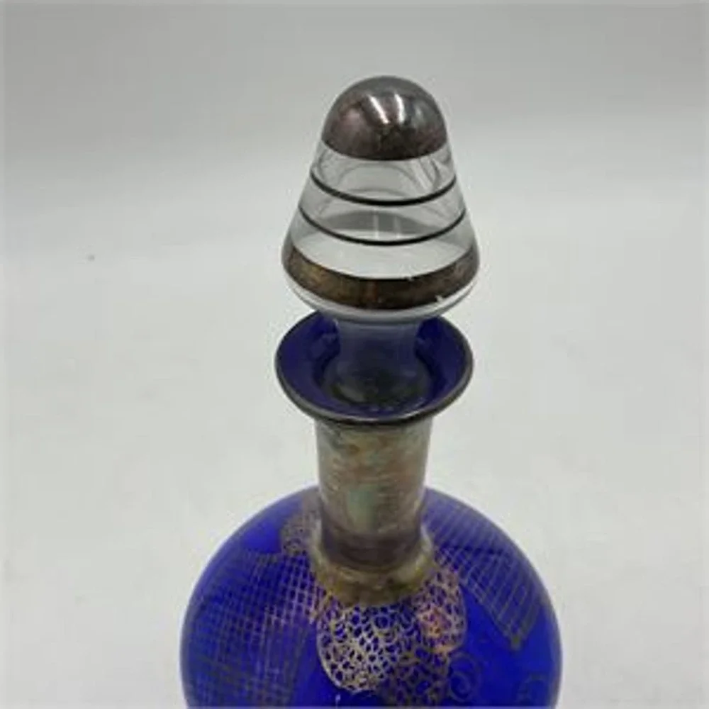 Vintage Cobalt Blue Glass Decanter Silver Overlay Venetian Gondola & Stopper